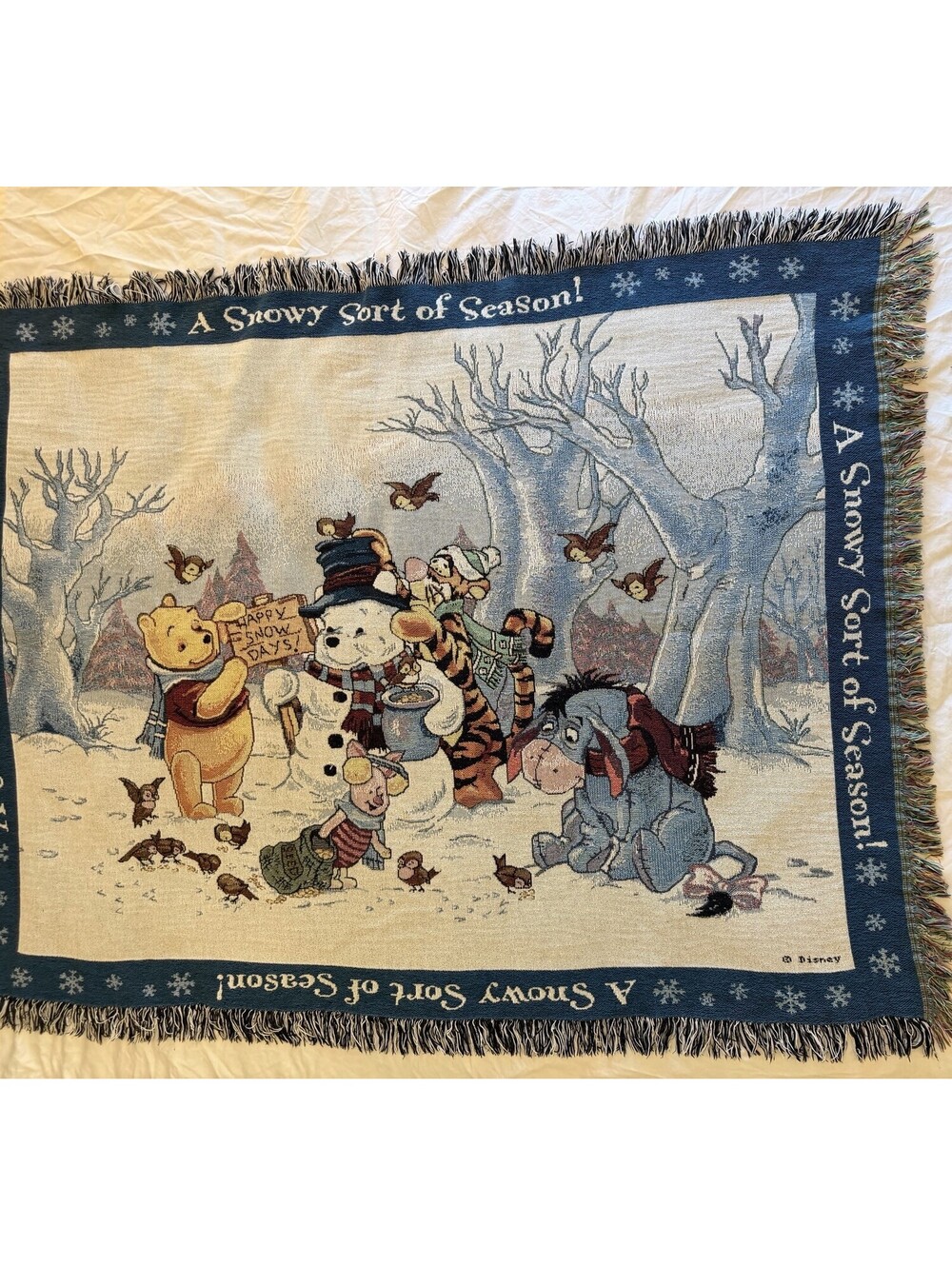 VTG 1998 Disney Winnie The Pooh Snowy Sort Season Tapestry Woven Blanket BIG EUC